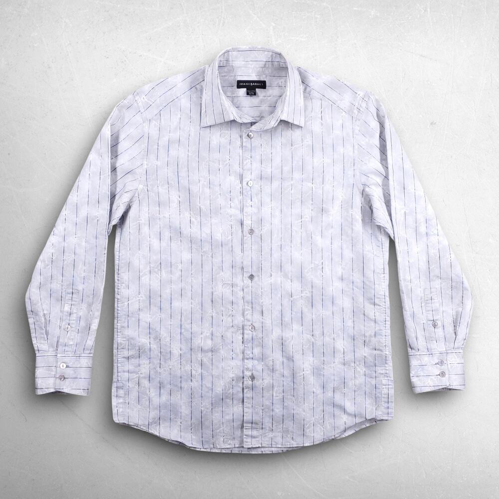 Jhane Barnes Button Up Shirt Men M White Long Sleeve Textured Pencil Stripes